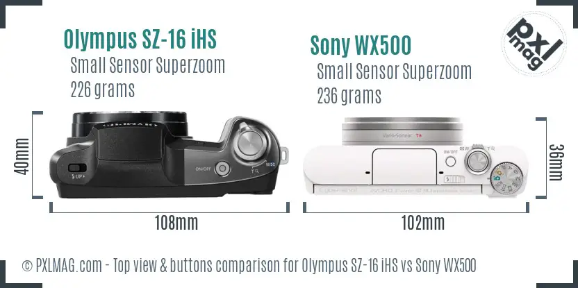 Olympus SZ-16 iHS vs Sony WX500 top view buttons comparison