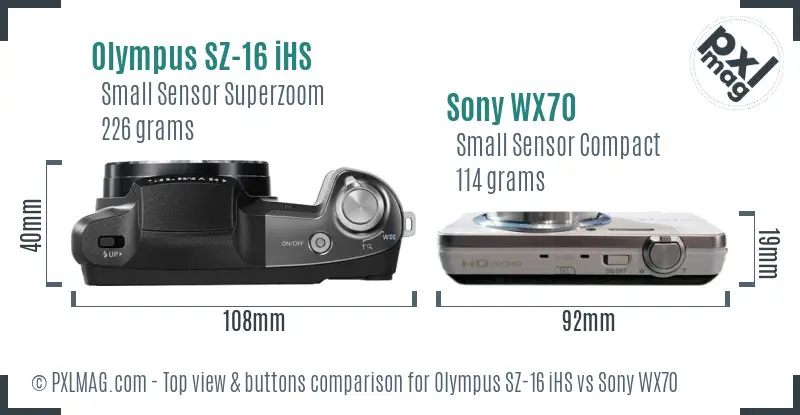 Olympus SZ-16 iHS vs Sony WX70 top view buttons comparison
