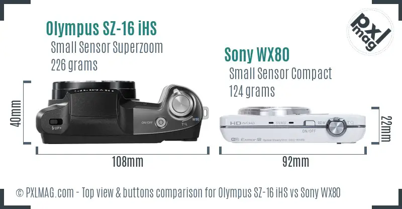 Olympus SZ-16 iHS vs Sony WX80 top view buttons comparison