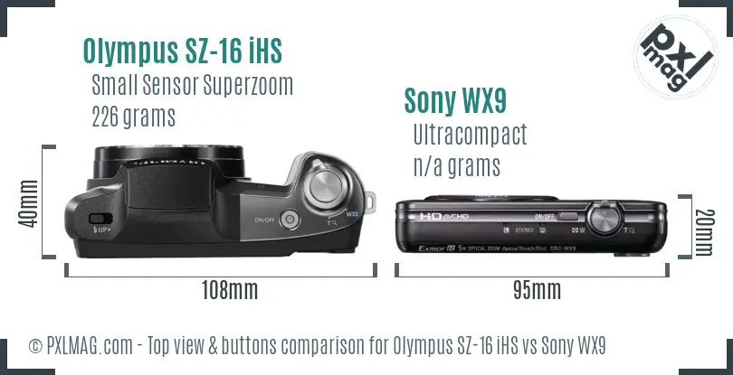 Olympus SZ-16 iHS vs Sony WX9 top view buttons comparison