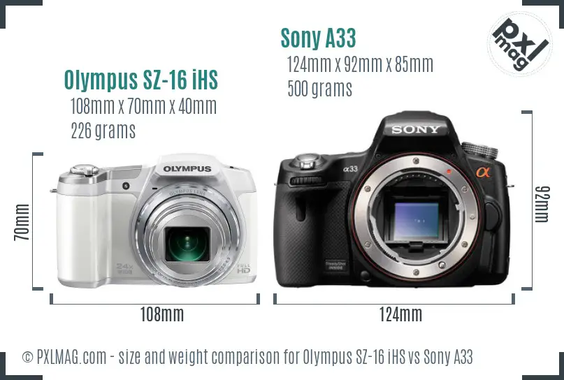 Olympus SZ-16 iHS vs Sony A33 size comparison