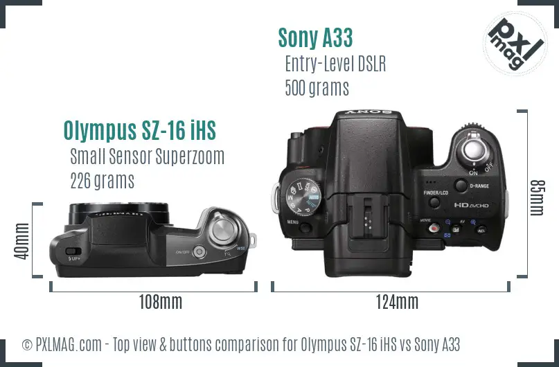 Olympus SZ-16 iHS vs Sony A33 top view buttons comparison