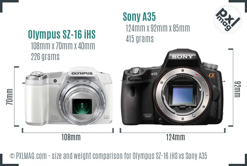 Olympus SZ-16 iHS vs Sony A35 size comparison
