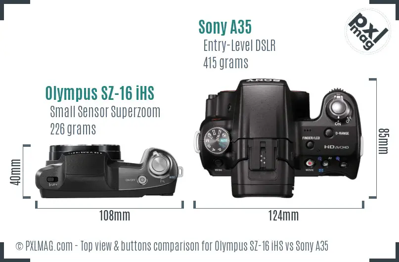 Olympus SZ-16 iHS vs Sony A35 top view buttons comparison