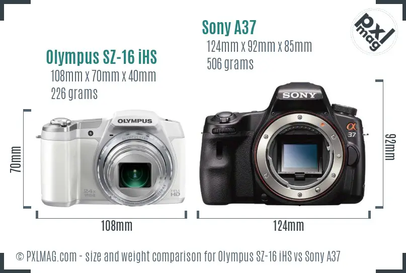 Olympus SZ-16 iHS vs Sony A37 size comparison