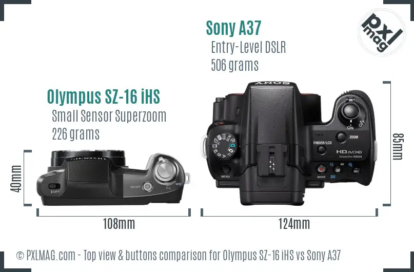 Olympus SZ-16 iHS vs Sony A37 top view buttons comparison