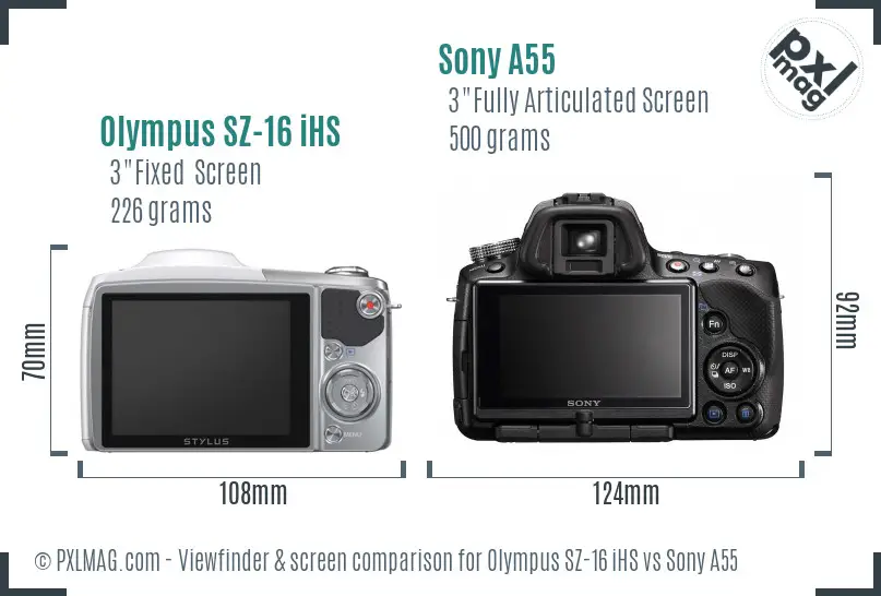 Olympus SZ-16 iHS vs Sony A55 Screen and Viewfinder comparison