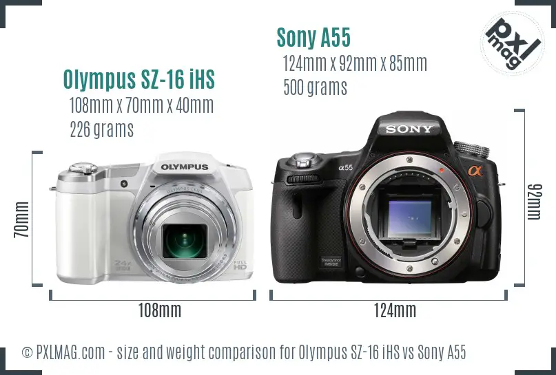 Olympus SZ-16 iHS vs Sony A55 size comparison
