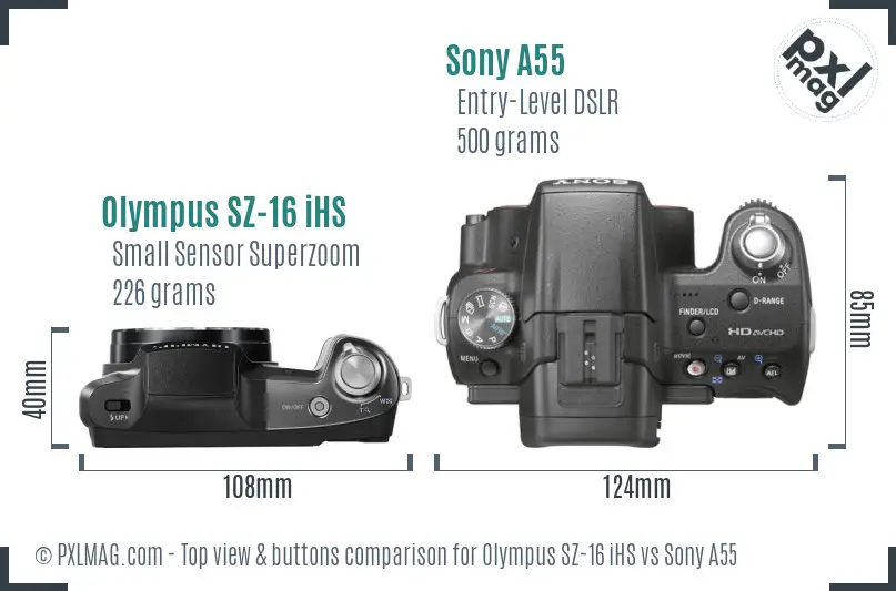 Olympus SZ-16 iHS vs Sony A55 top view buttons comparison