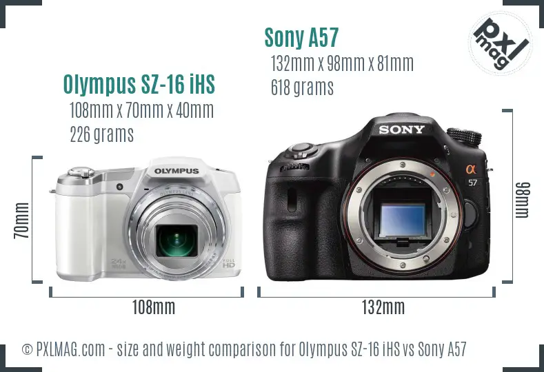 Olympus SZ-16 iHS vs Sony A57 size comparison