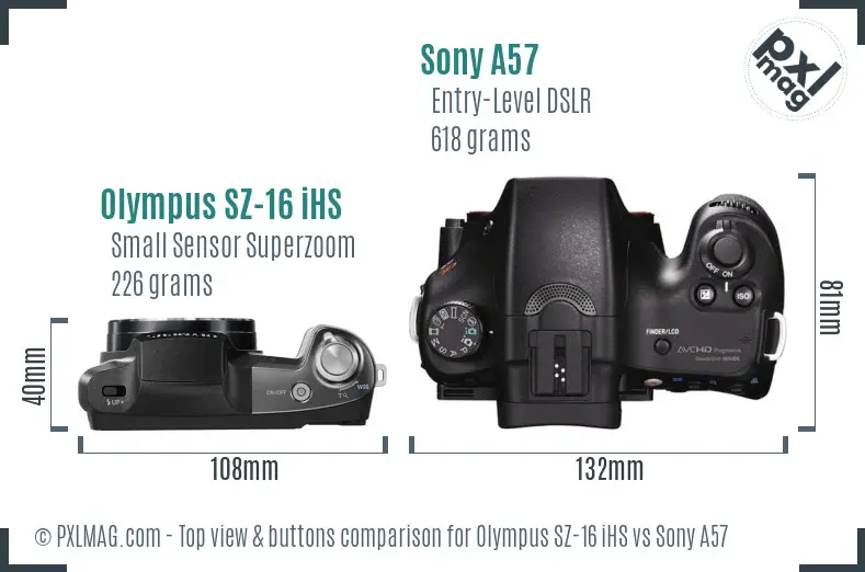 Olympus SZ-16 iHS vs Sony A57 top view buttons comparison