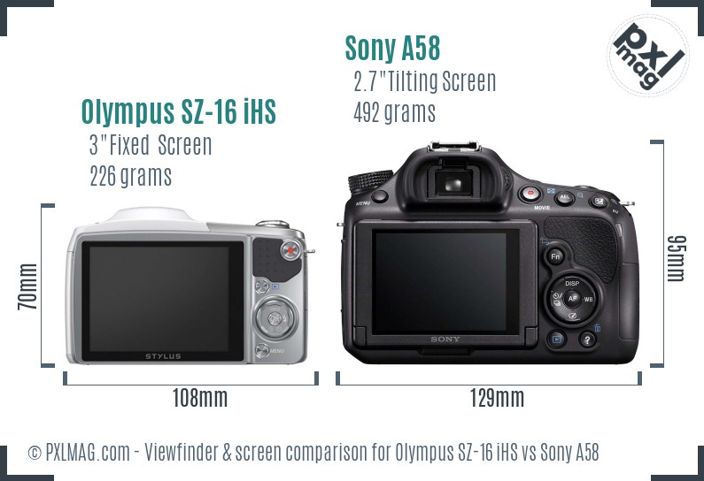 Olympus SZ-16 iHS vs Sony A58 Screen and Viewfinder comparison