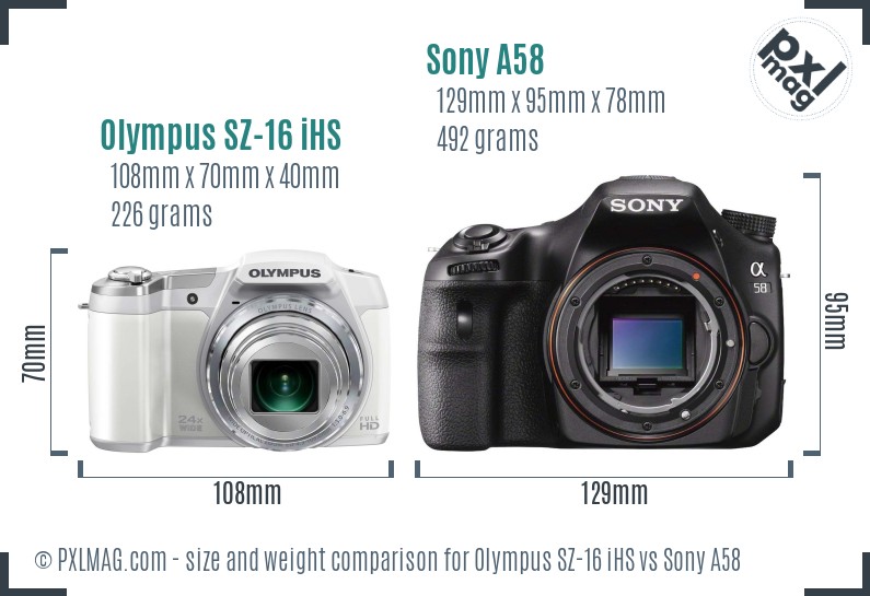 Olympus SZ-16 iHS vs Sony A58 size comparison