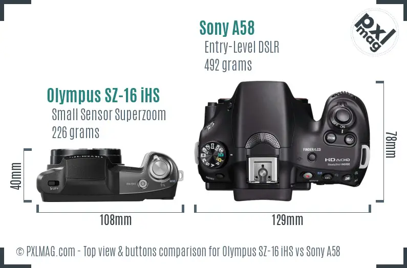 Olympus SZ-16 iHS vs Sony A58 top view buttons comparison