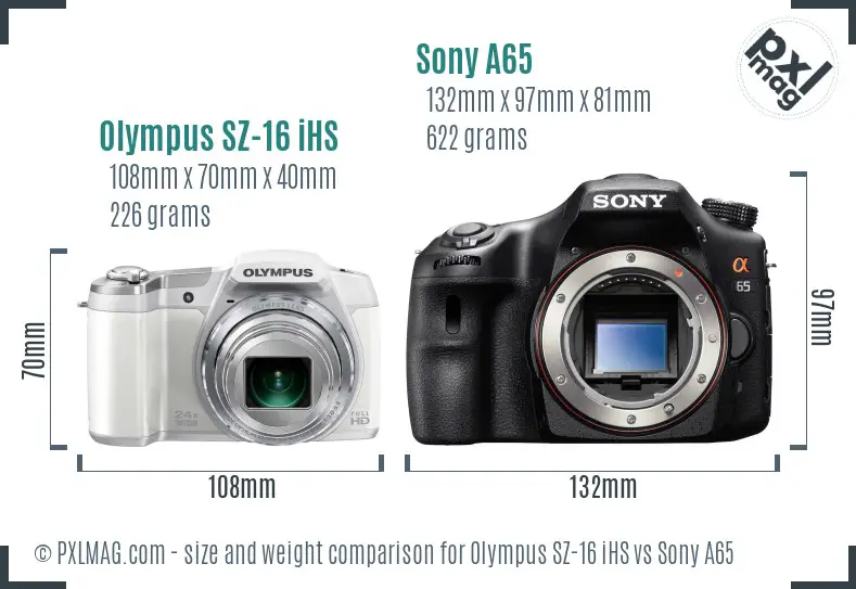 Olympus SZ-16 iHS vs Sony A65 size comparison