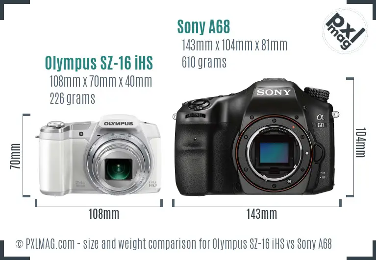 Olympus SZ-16 iHS vs Sony A68 size comparison