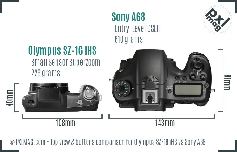Olympus SZ-16 iHS vs Sony A68 top view buttons comparison