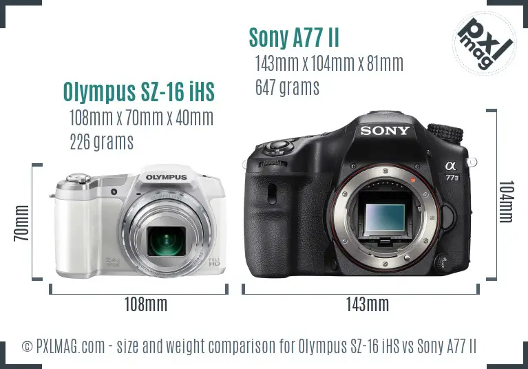 Olympus SZ-16 iHS vs Sony A77 II size comparison