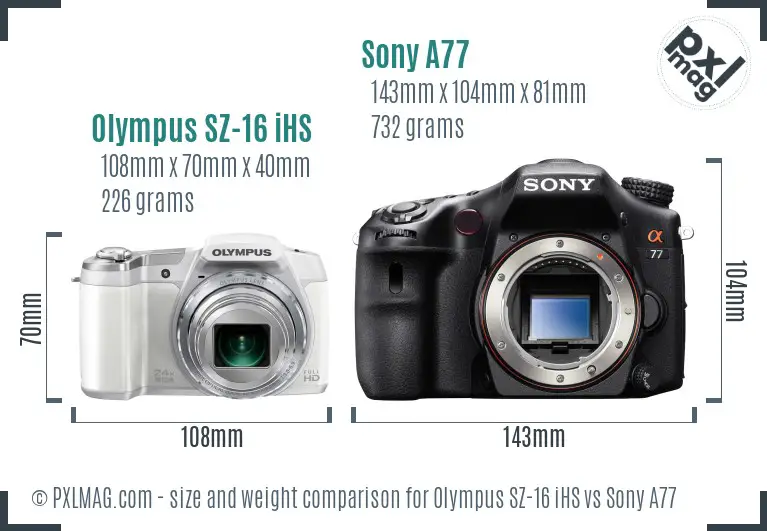 Olympus SZ-16 iHS vs Sony A77 size comparison