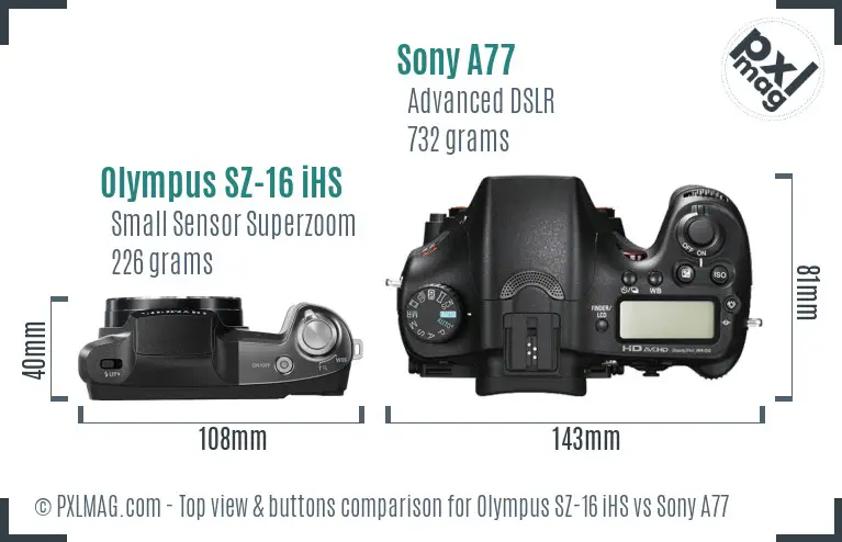 Olympus SZ-16 iHS vs Sony A77 top view buttons comparison