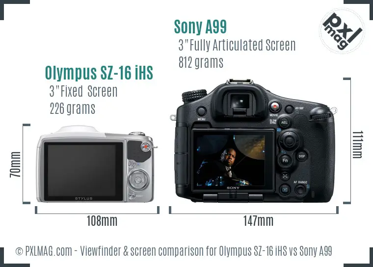 Olympus SZ-16 iHS vs Sony A99 Screen and Viewfinder comparison
