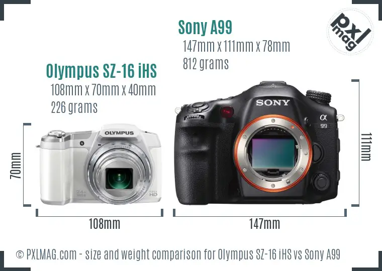 Olympus SZ-16 iHS vs Sony A99 size comparison