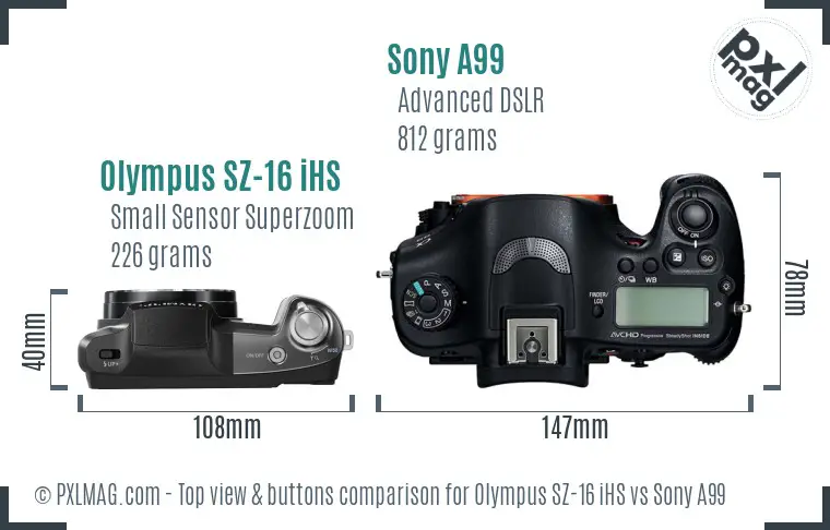 Olympus SZ-16 iHS vs Sony A99 top view buttons comparison