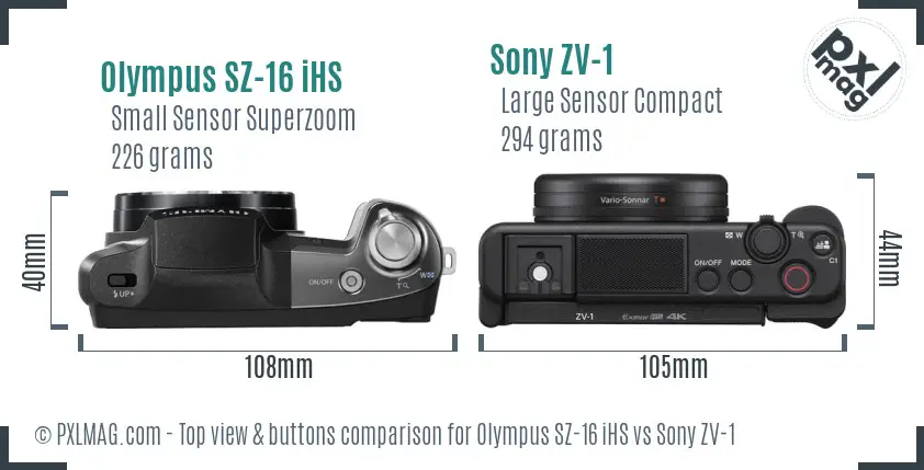 Olympus SZ-16 iHS vs Sony ZV-1 top view buttons comparison