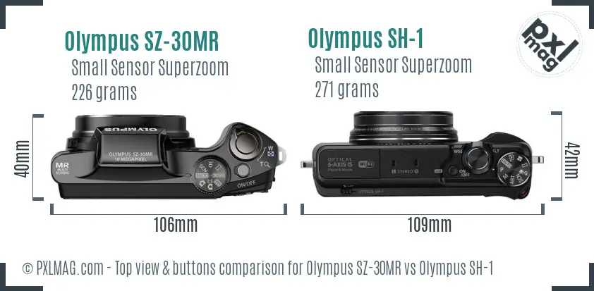 Olympus SZ-30MR vs Olympus SH-1 top view buttons comparison