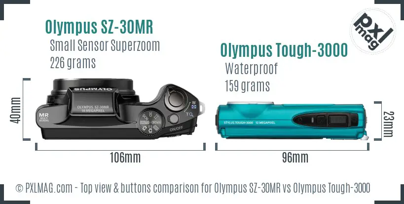 Olympus SZ-30MR vs Olympus Tough-3000 top view buttons comparison