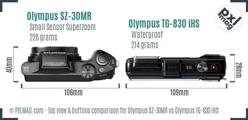 Olympus SZ-30MR vs Olympus TG-830 iHS top view buttons comparison