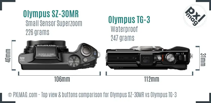 Olympus SZ-30MR vs Olympus TG-3 top view buttons comparison