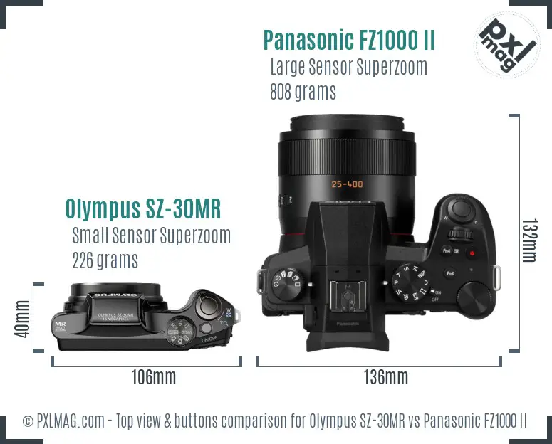 Olympus SZ-30MR vs Panasonic FZ1000 II top view buttons comparison