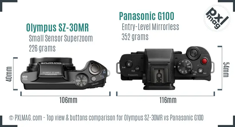 Olympus SZ-30MR vs Panasonic G100 top view buttons comparison