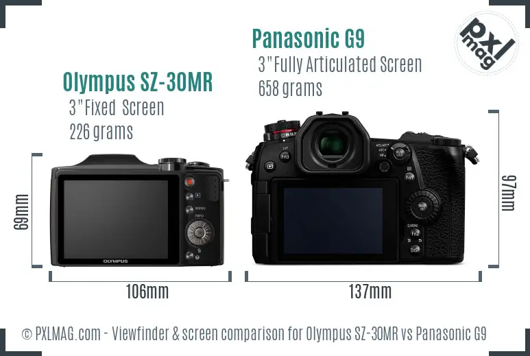 Olympus SZ-30MR vs Panasonic G9 Screen and Viewfinder comparison