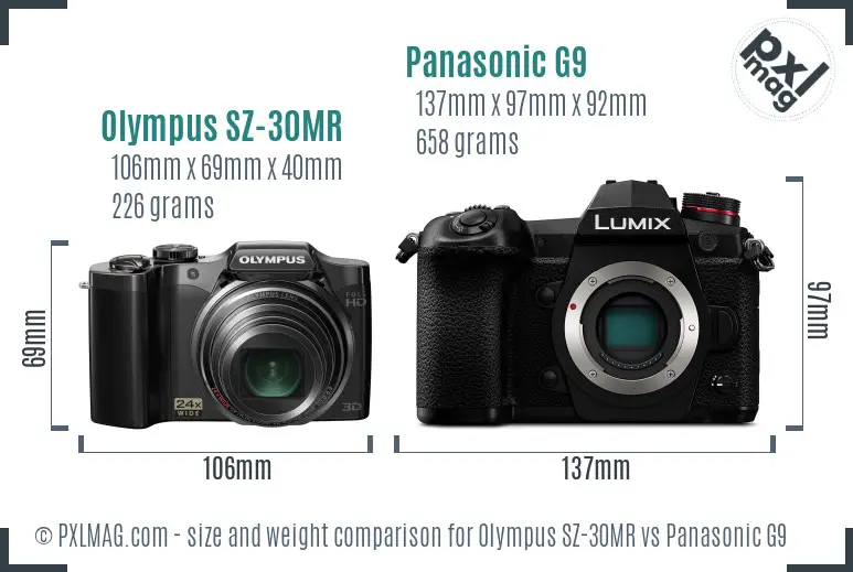 Olympus SZ-30MR vs Panasonic G9 size comparison