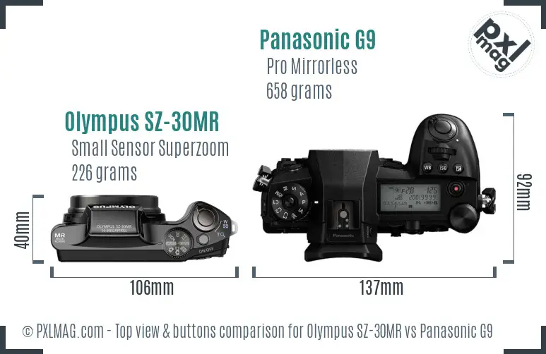 Olympus SZ-30MR vs Panasonic G9 top view buttons comparison