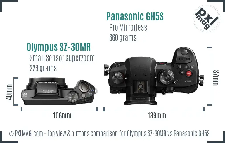 Olympus SZ-30MR vs Panasonic GH5S top view buttons comparison