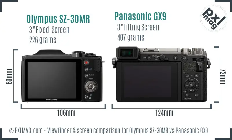 Olympus SZ-30MR vs Panasonic GX9 Screen and Viewfinder comparison