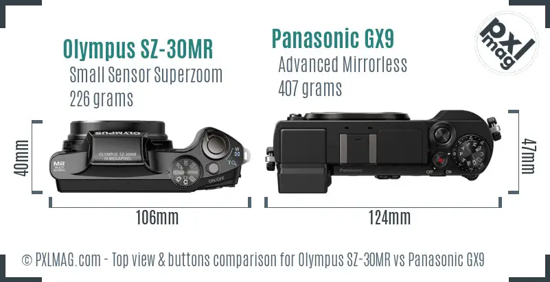 Olympus SZ-30MR vs Panasonic GX9 top view buttons comparison
