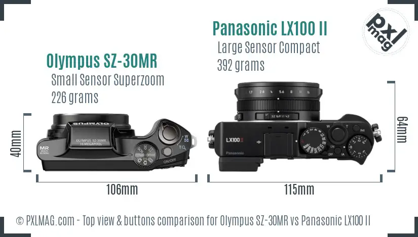 Olympus SZ-30MR vs Panasonic LX100 II top view buttons comparison
