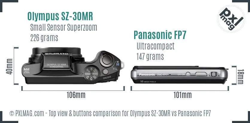 Olympus SZ-30MR vs Panasonic FP7 top view buttons comparison