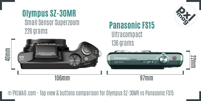Olympus SZ-30MR vs Panasonic FS15 top view buttons comparison