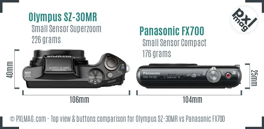 Olympus SZ-30MR vs Panasonic FX700 top view buttons comparison Olympus SZ-30MR vs Panasonic FX700 top view buttons comparison