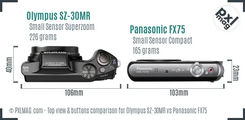 Olympus SZ-30MR vs Panasonic FX75 top view buttons comparison