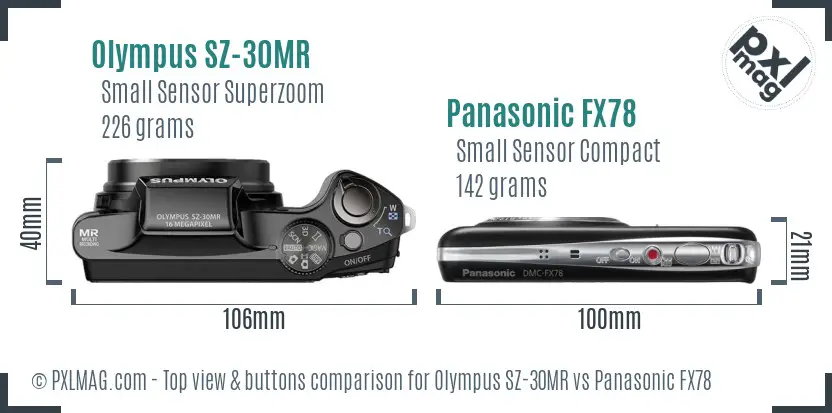 Olympus SZ-30MR vs Panasonic FX78 top view buttons comparison Olympus SZ-30MR vs Panasonic FX78 top view buttons comparison