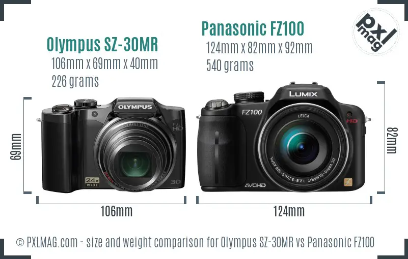 Olympus SZ-30MR vs Panasonic FZ100 size comparison
