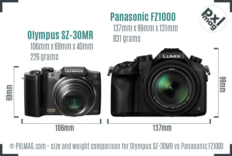 Olympus SZ-30MR vs Panasonic FZ1000 size comparison