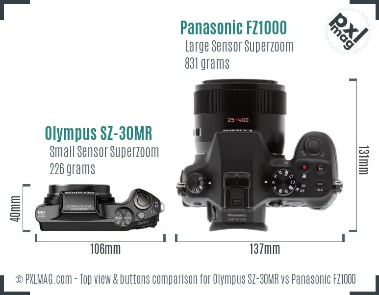 Olympus SZ-30MR vs Panasonic FZ1000 top view buttons comparison