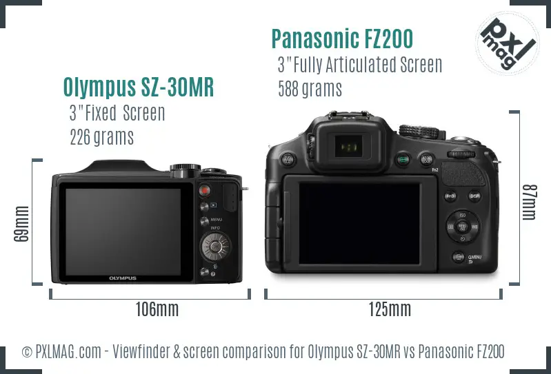 Olympus SZ-30MR vs Panasonic FZ200 Screen and Viewfinder comparison